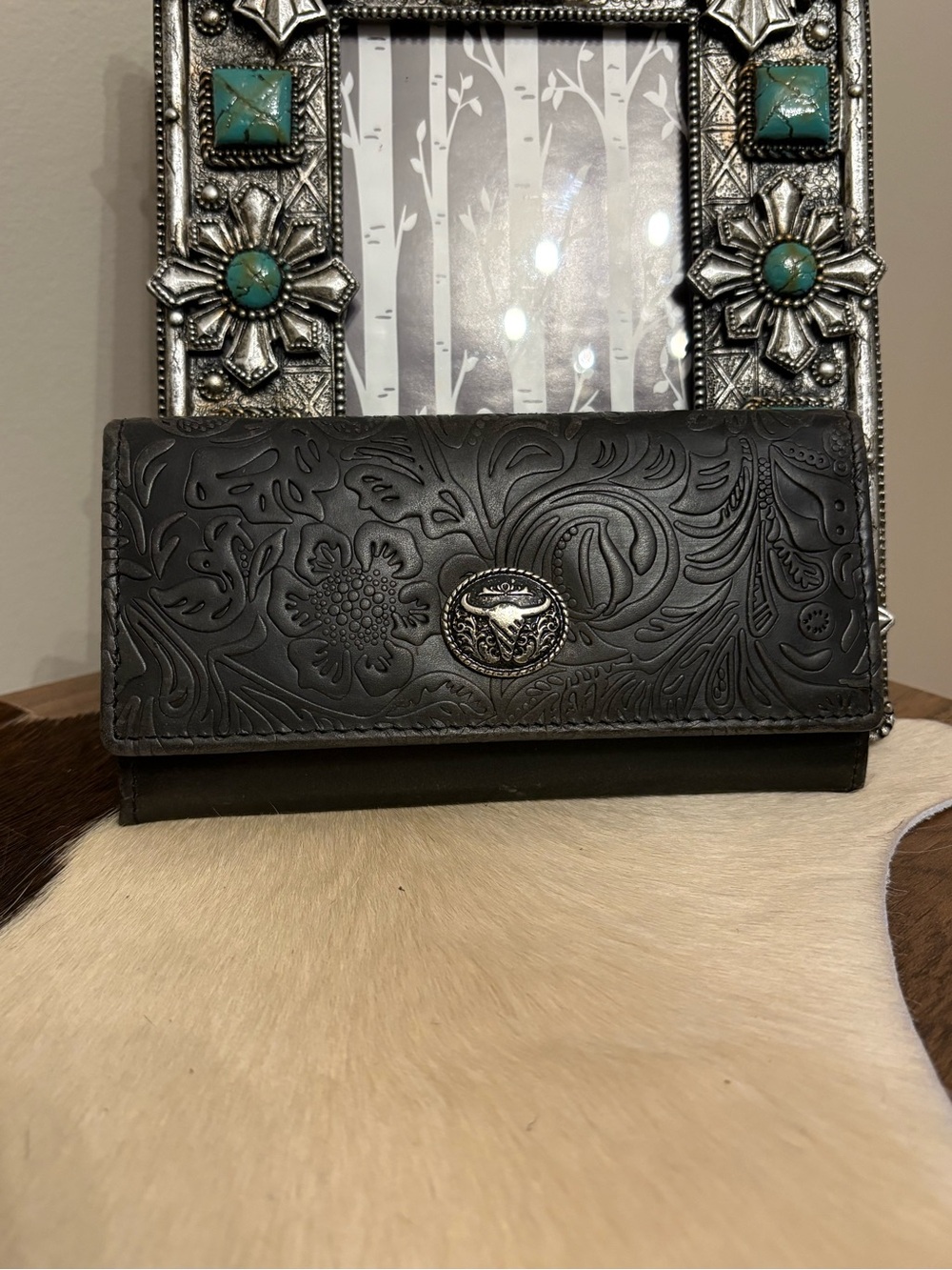 American Bison Black Embossed Leather Wallet with Concho Accent
